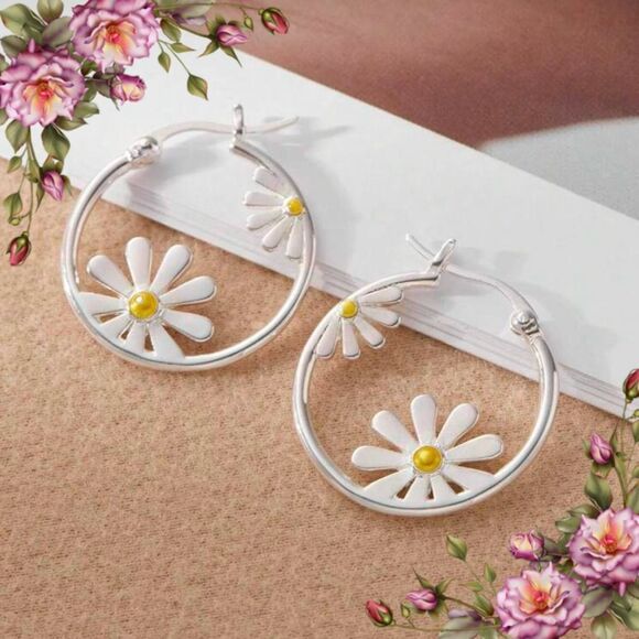 Bohemian style Silver color Daisy Hoop Earrings - Picture 1 of 9